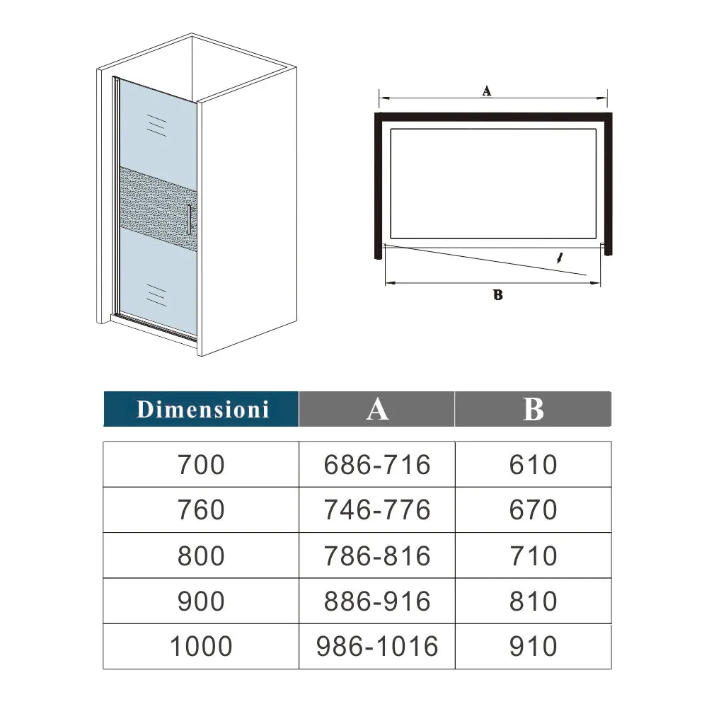 Aica 185 cm Box Doccia Per Nicchia Porta Battente Vetro Temperato 6 mm Trasparente Anticalcare Fascia Satinata-Opaca