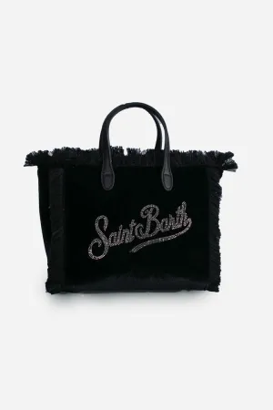 Borsa a mano Mini Vanity in velluto nero con logo Saint Barth in strass