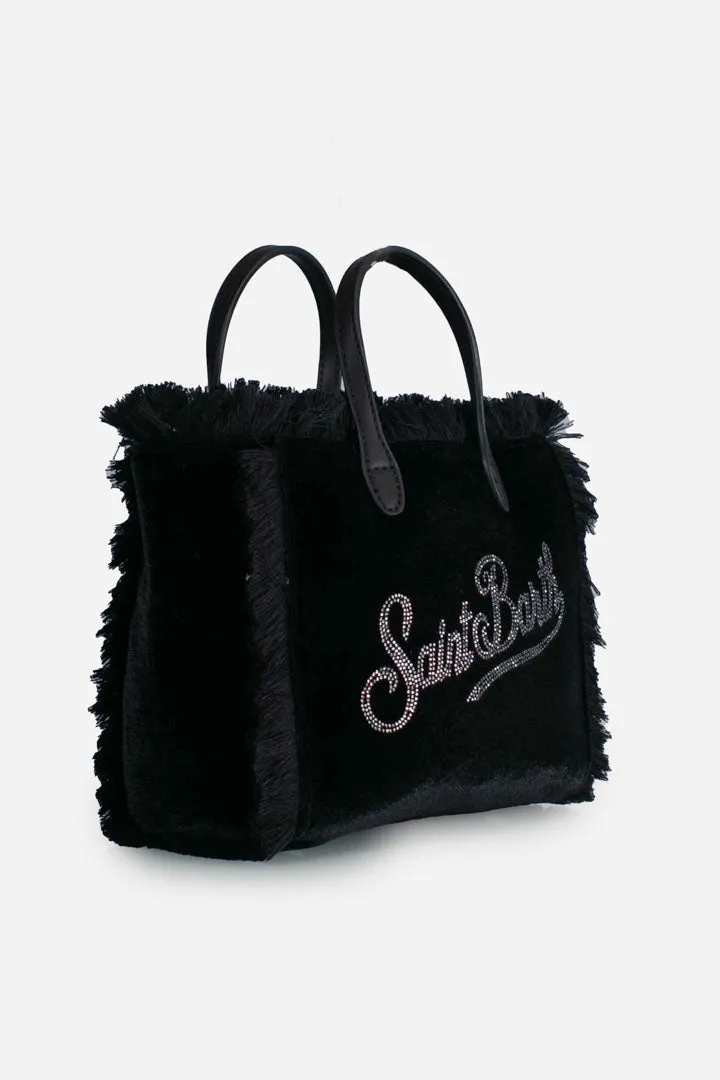 Borsa a mano Mini Vanity in velluto nero con logo Saint Barth in strass