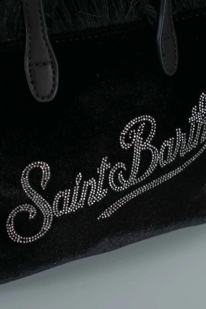 Borsa a mano Mini Vanity in velluto nero con logo Saint Barth in strass