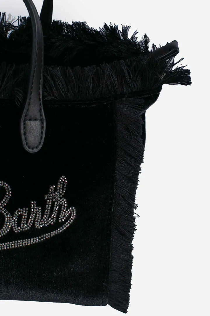 Borsa a mano Mini Vanity in velluto nero con logo Saint Barth in strass