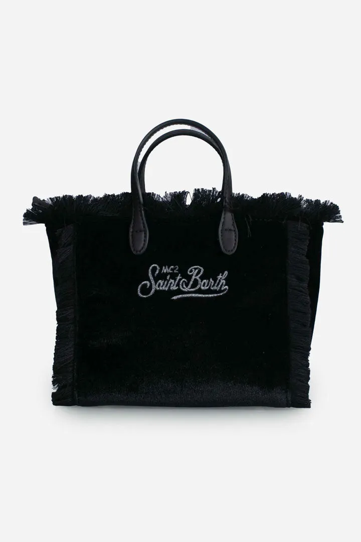 Borsa a mano Mini Vanity in velluto nero con logo Saint Barth in strass