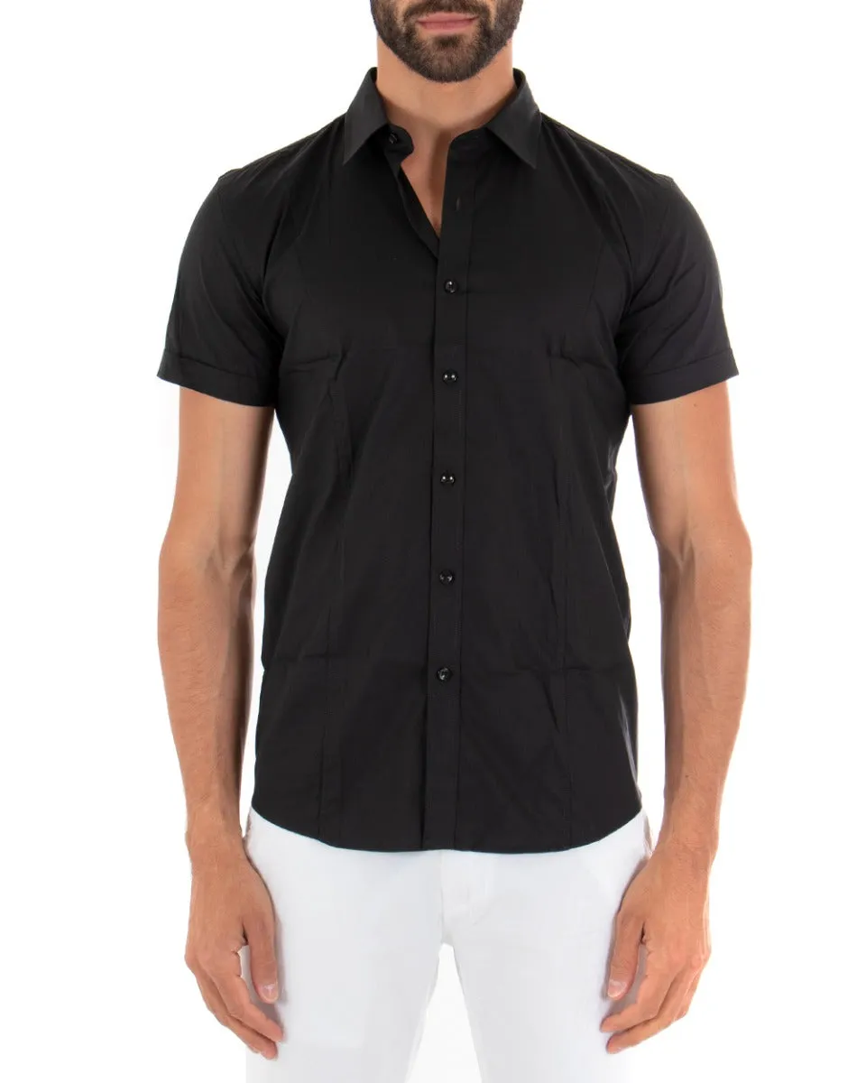 Camicia Uomo Maniche Corte Con Colletto Slim Fit Cotone Elastico Basic Tinta Unita Nera GIOSAL-CC1137A