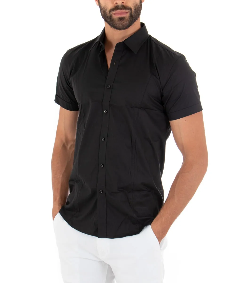 Camicia Uomo Maniche Corte Con Colletto Slim Fit Cotone Elastico Basic Tinta Unita Nera GIOSAL-CC1137A