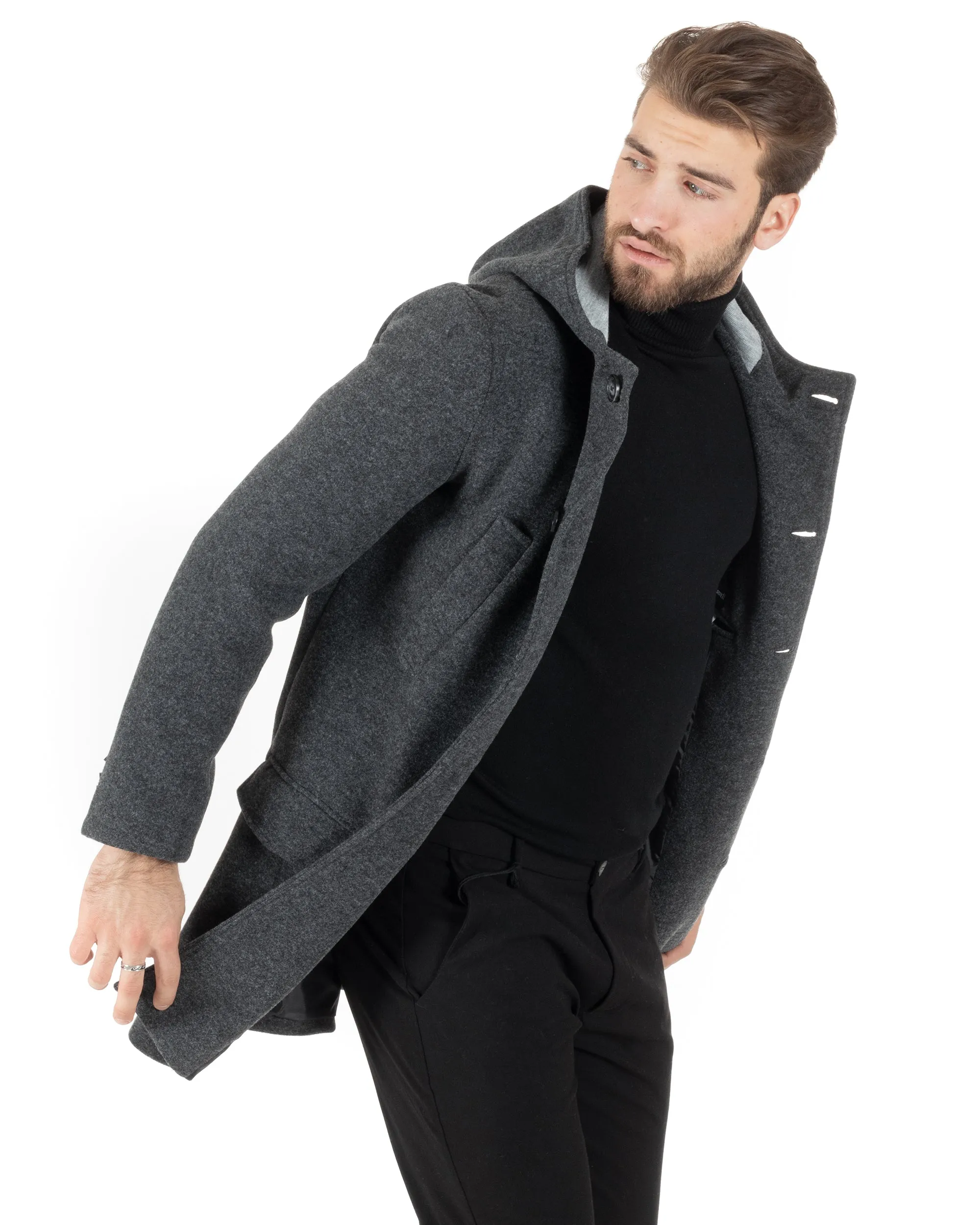 Cappotto Monopetto Uomo Giacca Giaccone Con Cappuccio Grigio Scuro Baronetto Elegante GIOSAL-CO1013A