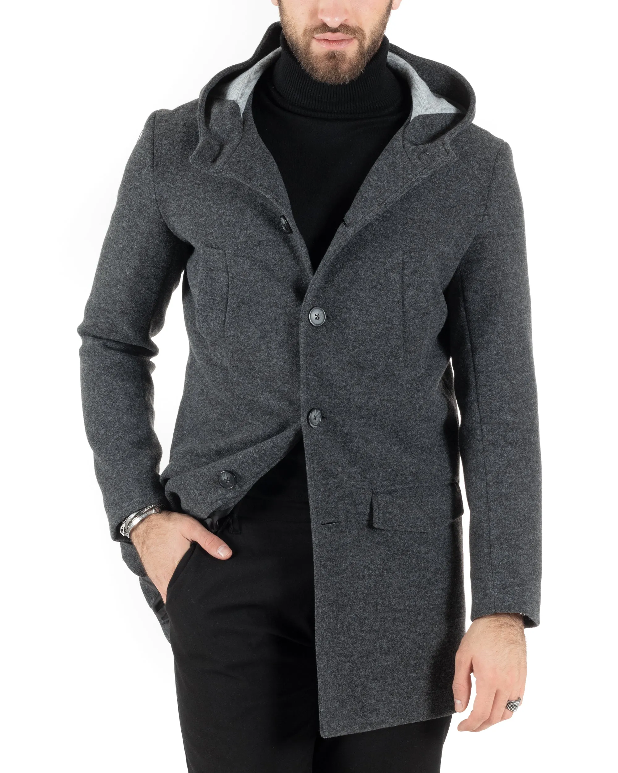 Cappotto Monopetto Uomo Giacca Giaccone Con Cappuccio Grigio Scuro Baronetto Elegante GIOSAL-CO1013A