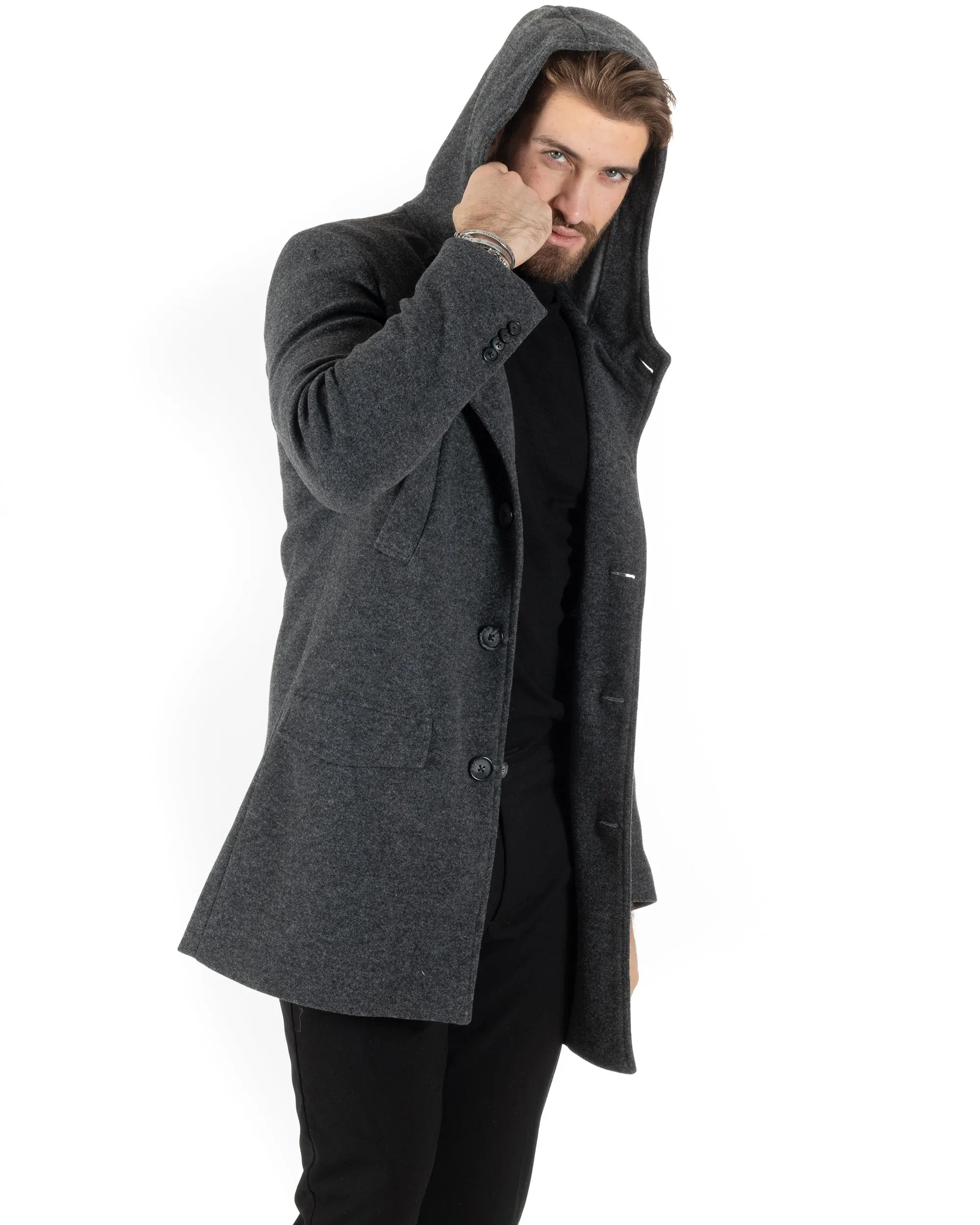 Cappotto Monopetto Uomo Giacca Giaccone Con Cappuccio Grigio Scuro Baronetto Elegante GIOSAL-CO1013A