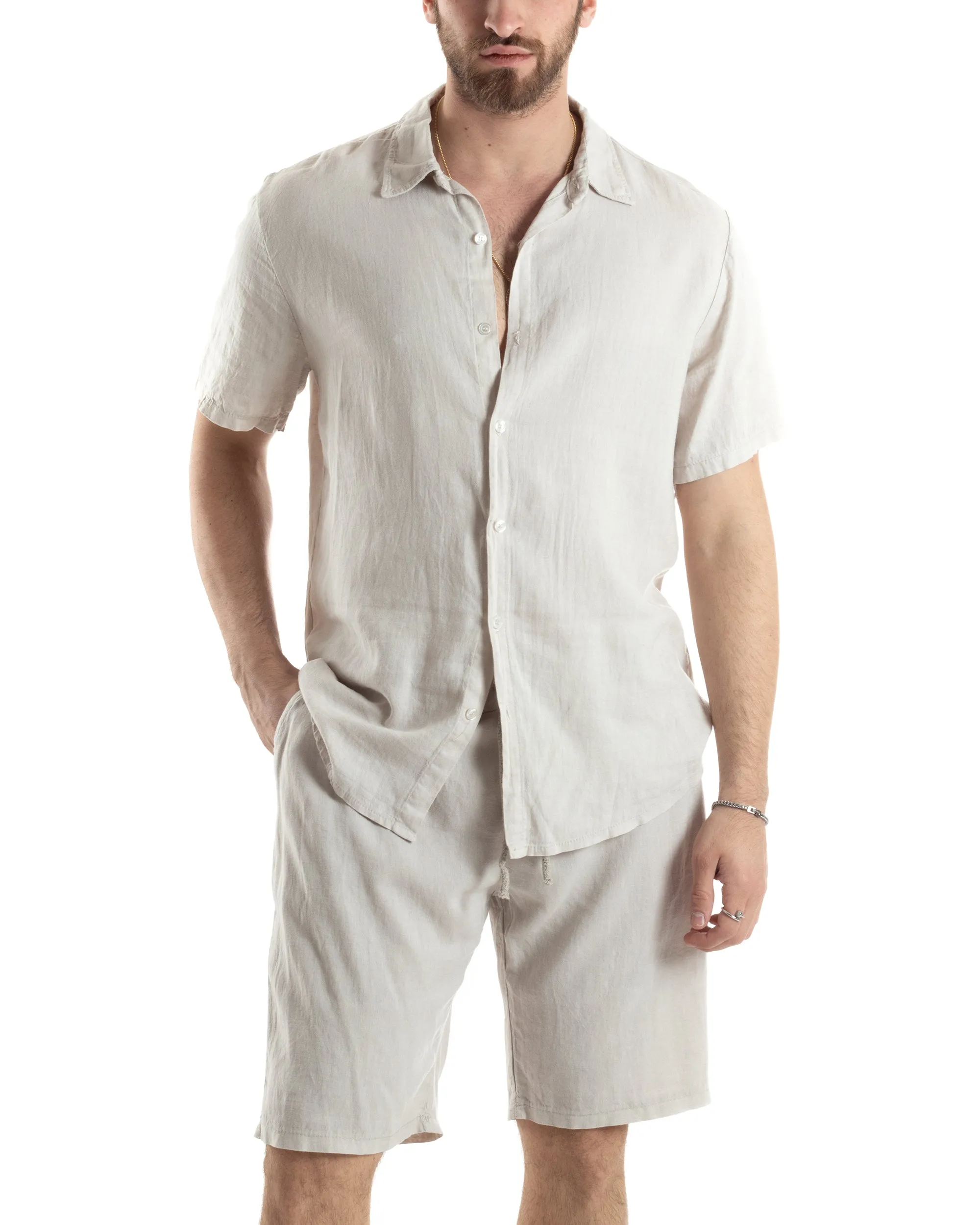 Completo Set Coordinato Uomo Outfit Lino Camicia Maniche Corte Bermuda Pantalaccio Tinta Unita Beige GIOSAL-OU2455A