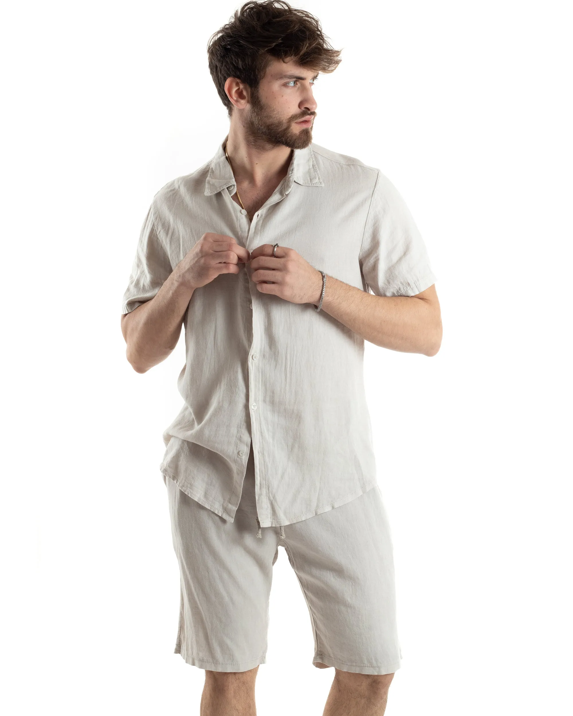 Completo Set Coordinato Uomo Outfit Lino Camicia Maniche Corte Bermuda Pantalaccio Tinta Unita Beige GIOSAL-OU2455A