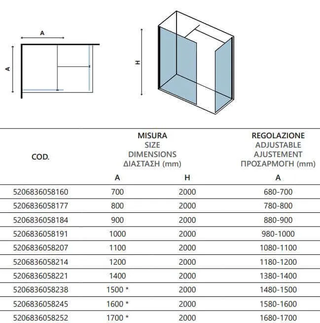 Doccia Due Pareti Walk in H200cm 8mm Anticalcare Profili Neri