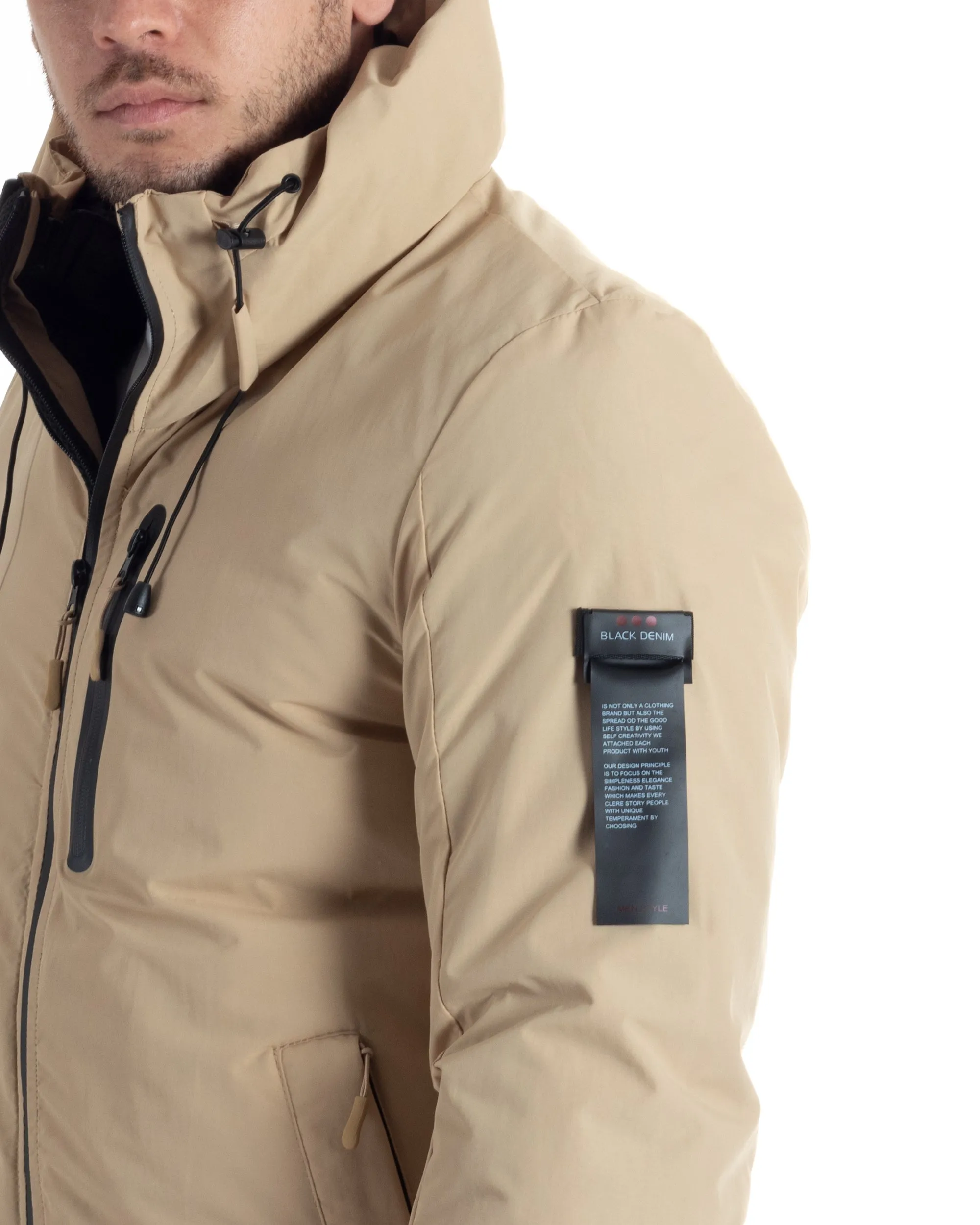 Giubbotto Uomo Impermeabile Tessuto Tecnico Imbottito Cappuccio Beige GIOSAL-G3122A