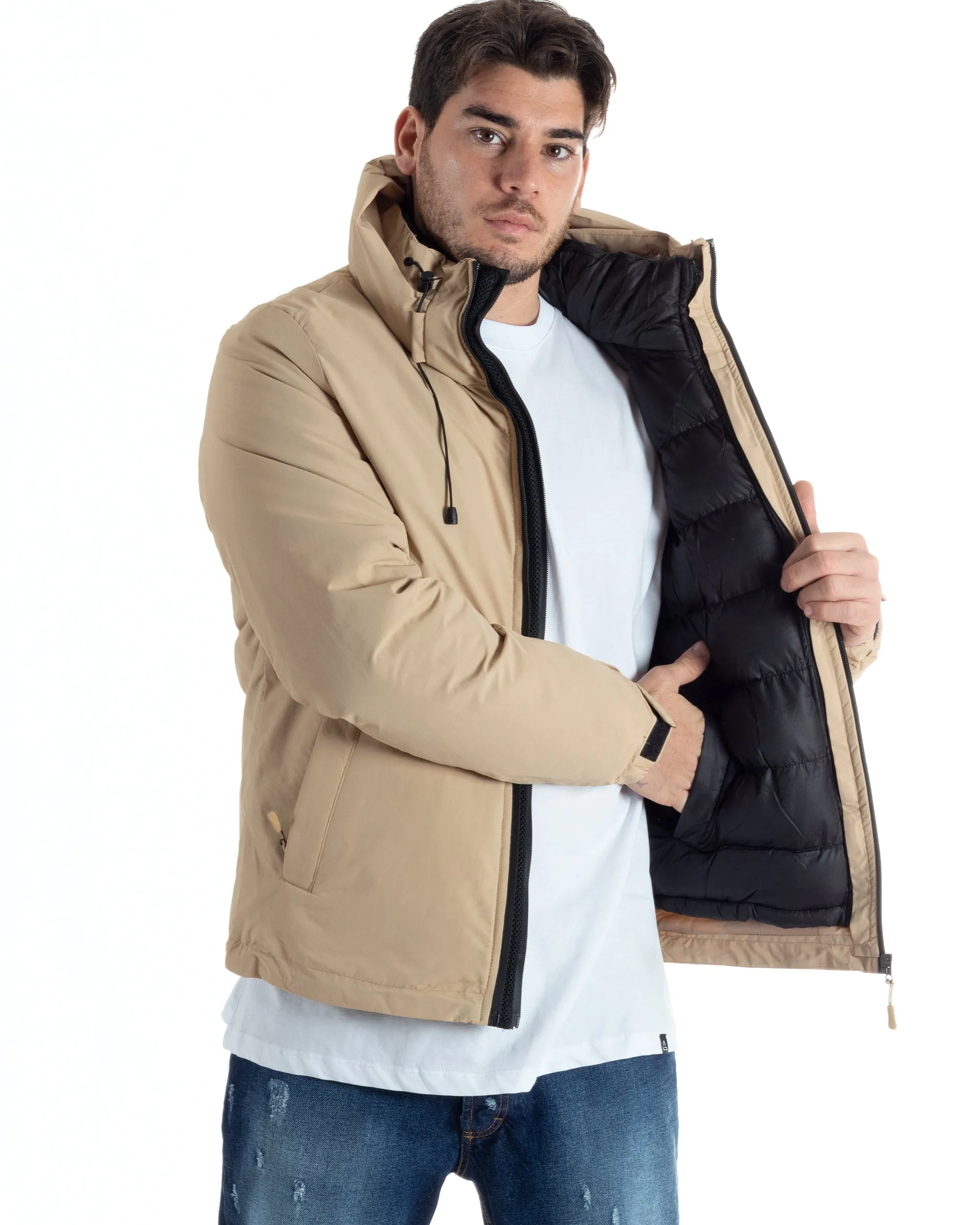 Giubbotto Uomo Impermeabile Tessuto Tecnico Imbottito Cappuccio Beige GIOSAL-G3122A