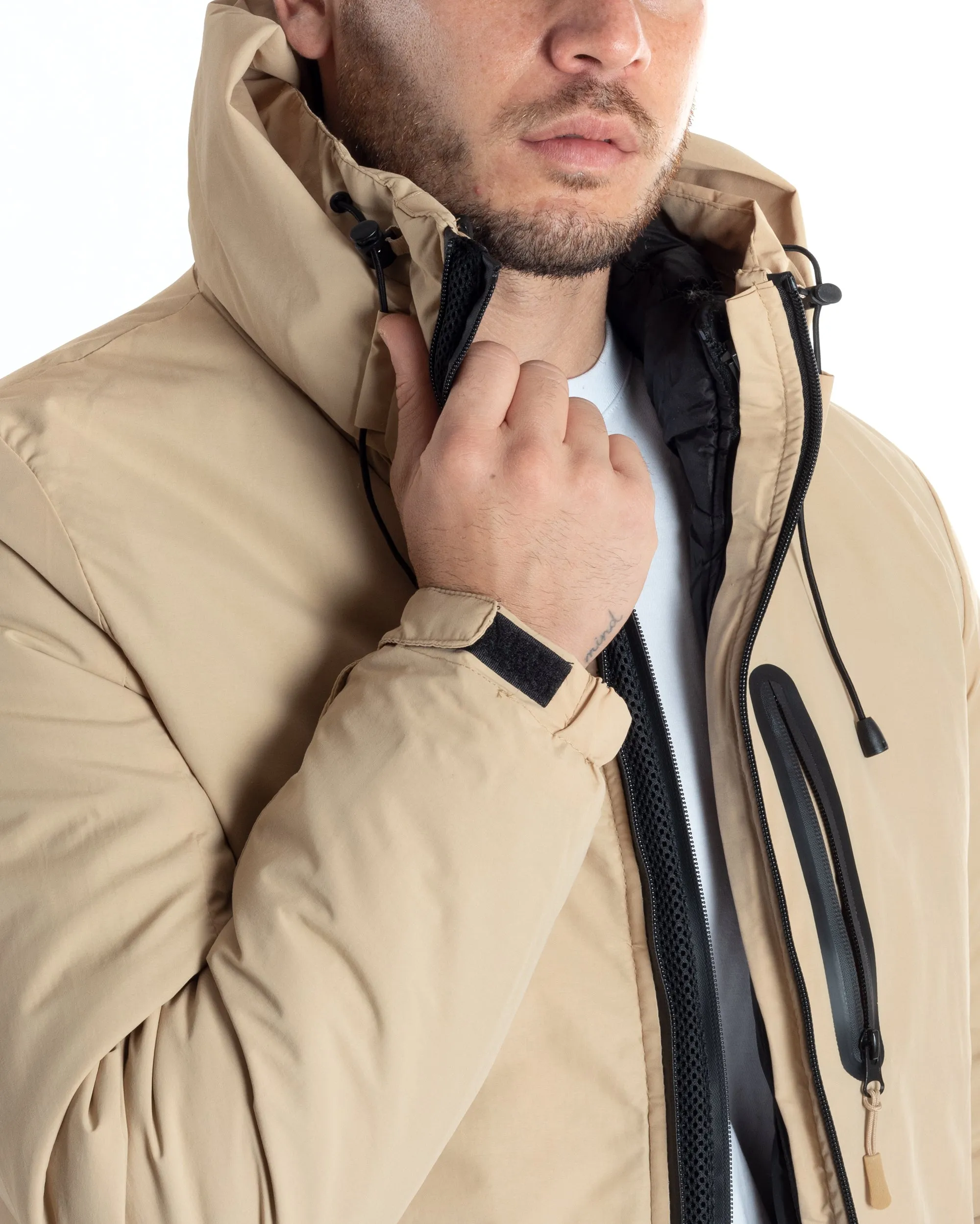 Giubbotto Uomo Impermeabile Tessuto Tecnico Imbottito Cappuccio Beige GIOSAL-G3122A