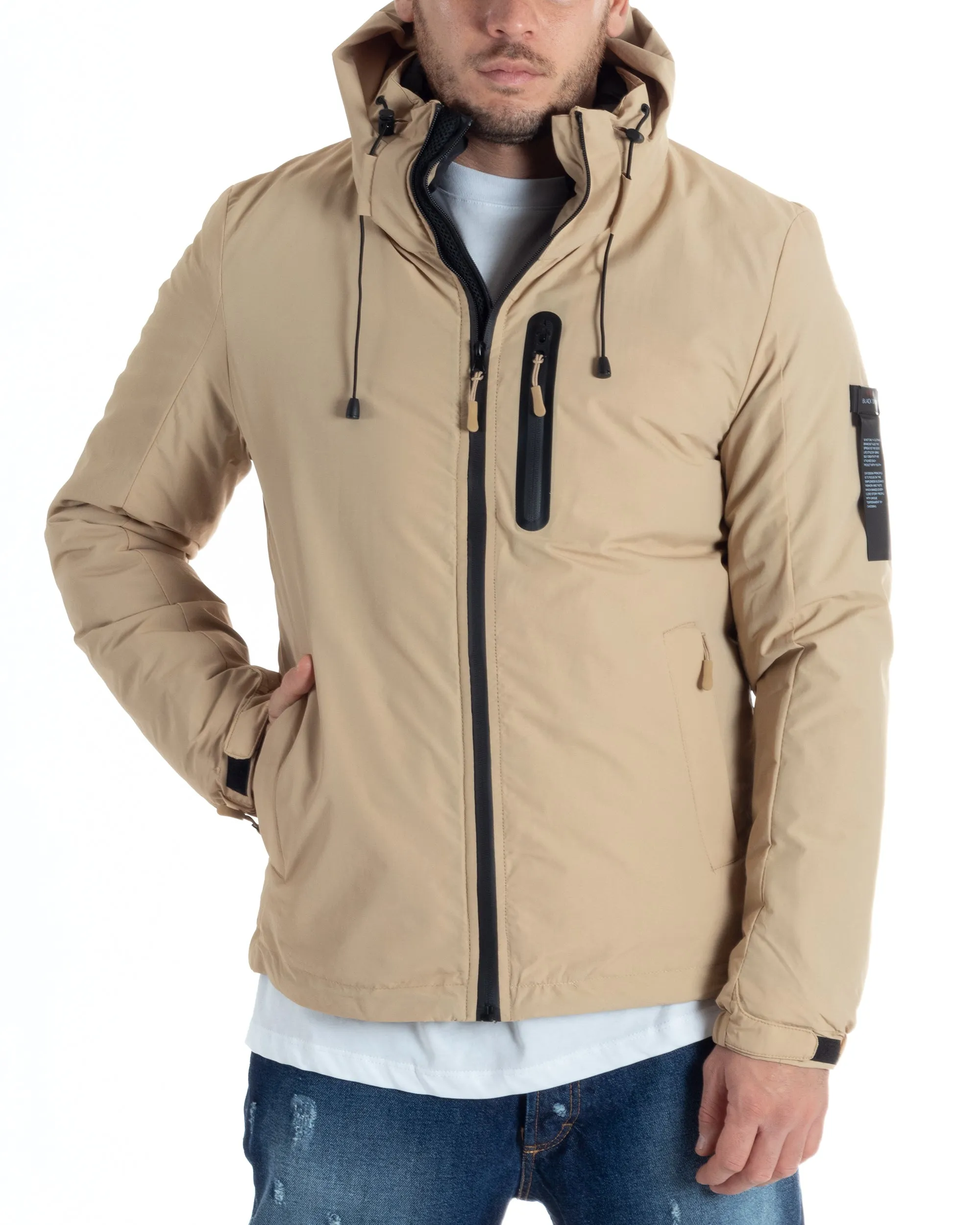 Giubbotto Uomo Impermeabile Tessuto Tecnico Imbottito Cappuccio Beige GIOSAL-G3122A