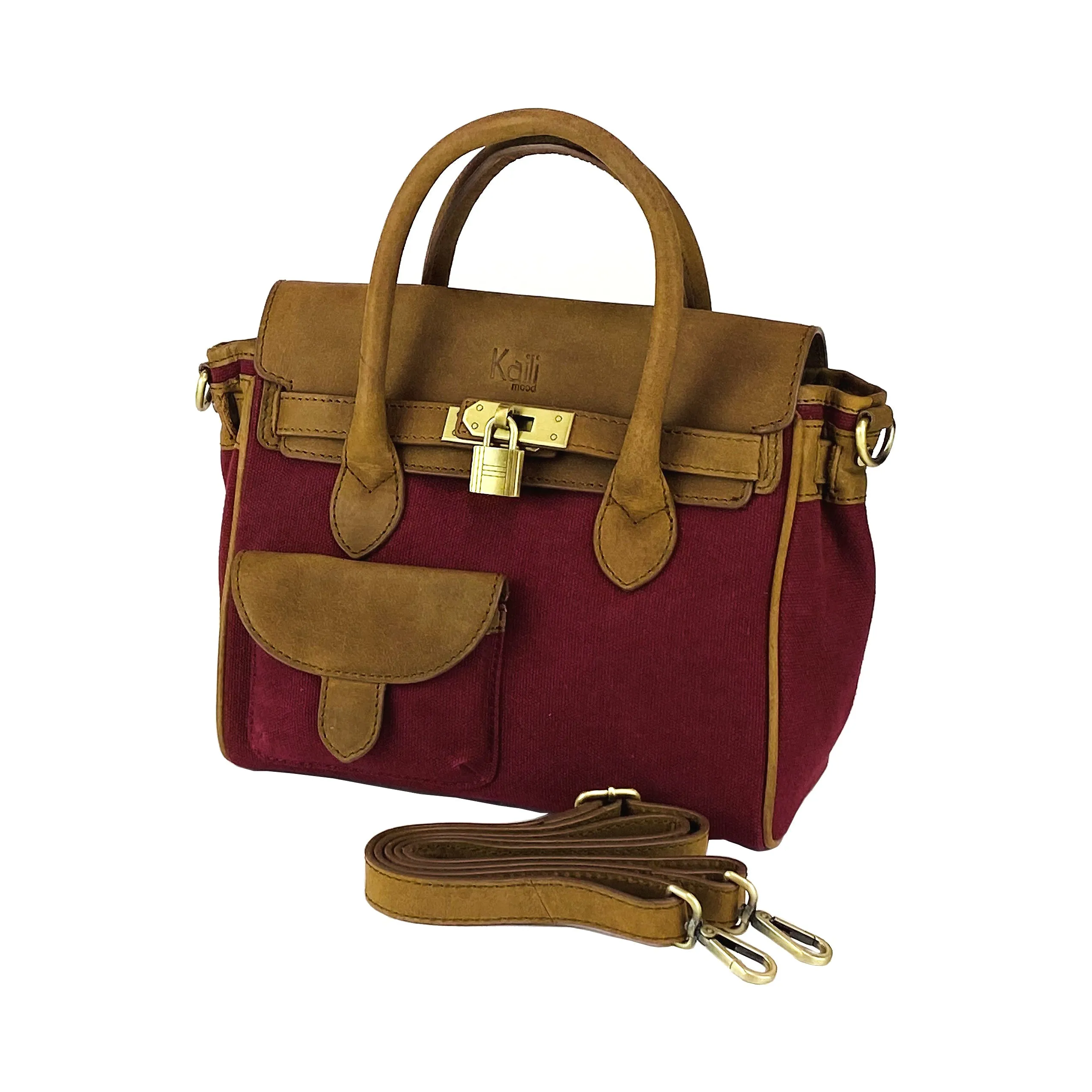 K0042XCB | Borsa a Mano Mini in Canvas/Vera Pelle Made in Italy. Tracolla removibile. Attacchi con moschettoni in metallo Ottone Anticato - Colore Bordeaux - Dimensioni: cm 24 x 20 x 12