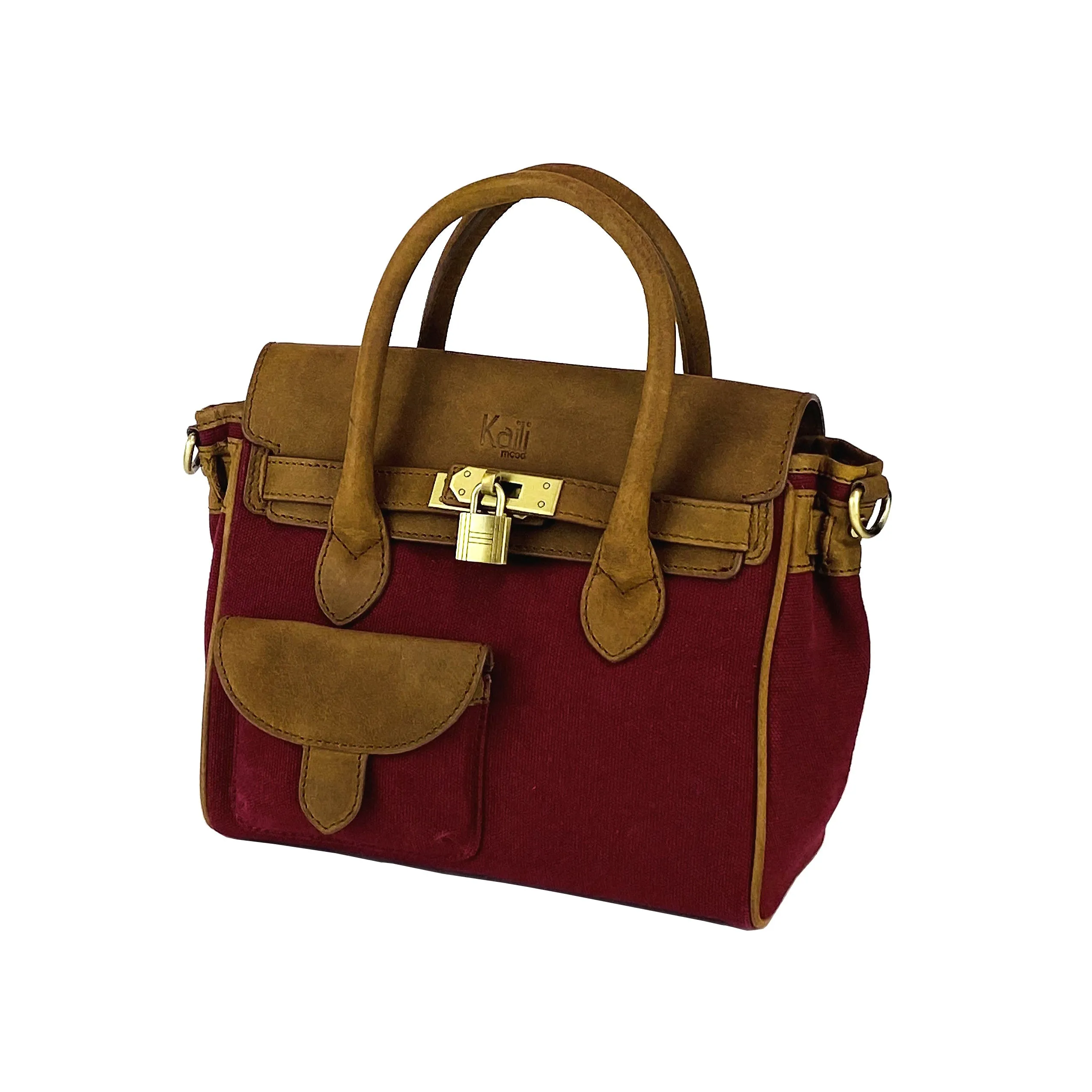 K0042XCB | Borsa a Mano Mini in Canvas/Vera Pelle Made in Italy. Tracolla removibile. Attacchi con moschettoni in metallo Ottone Anticato - Colore Bordeaux - Dimensioni: cm 24 x 20 x 12