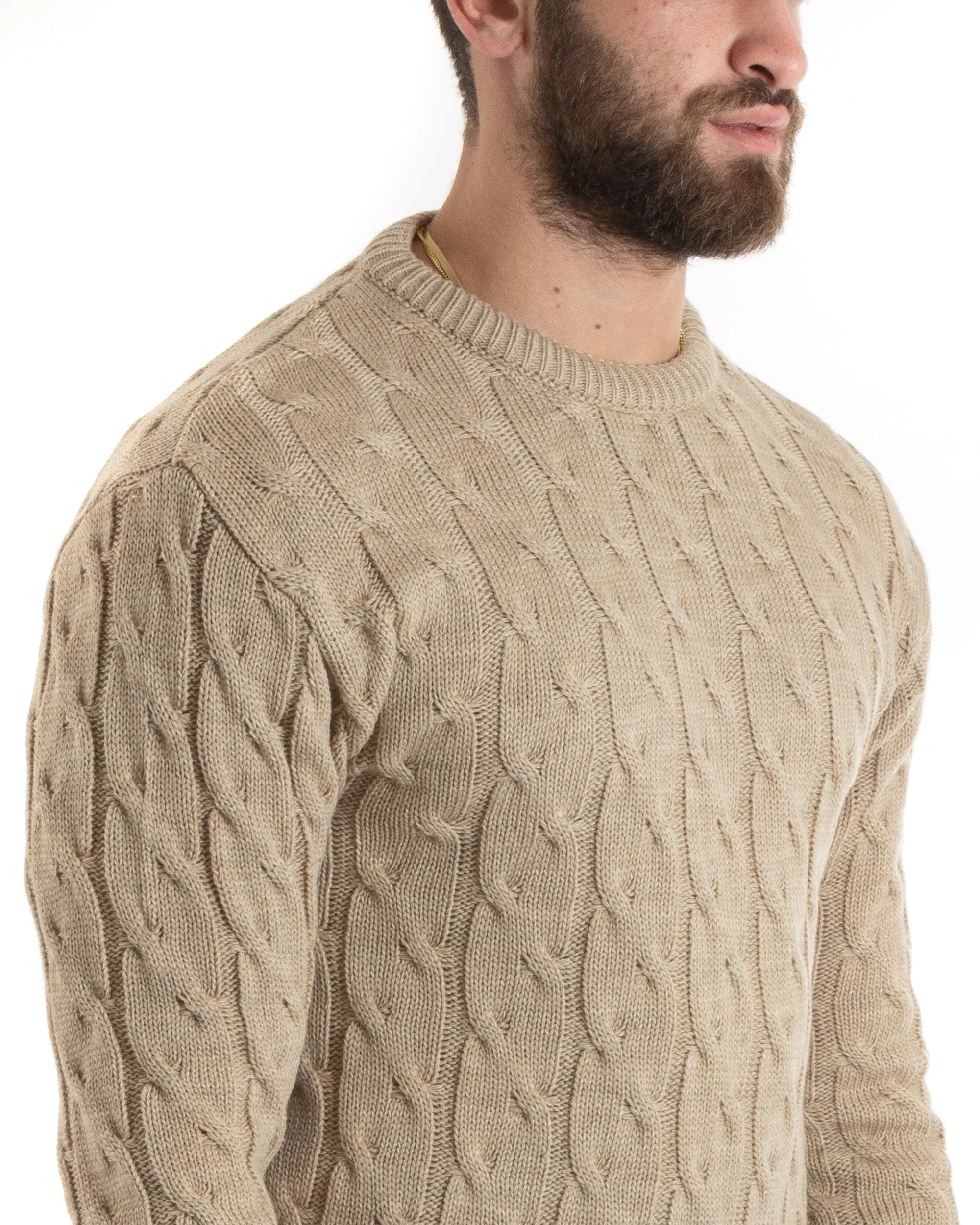 Maglioncino Uomo Girocollo Maglia Inglese Basic Trecce Beige GIOSAL-M2704A