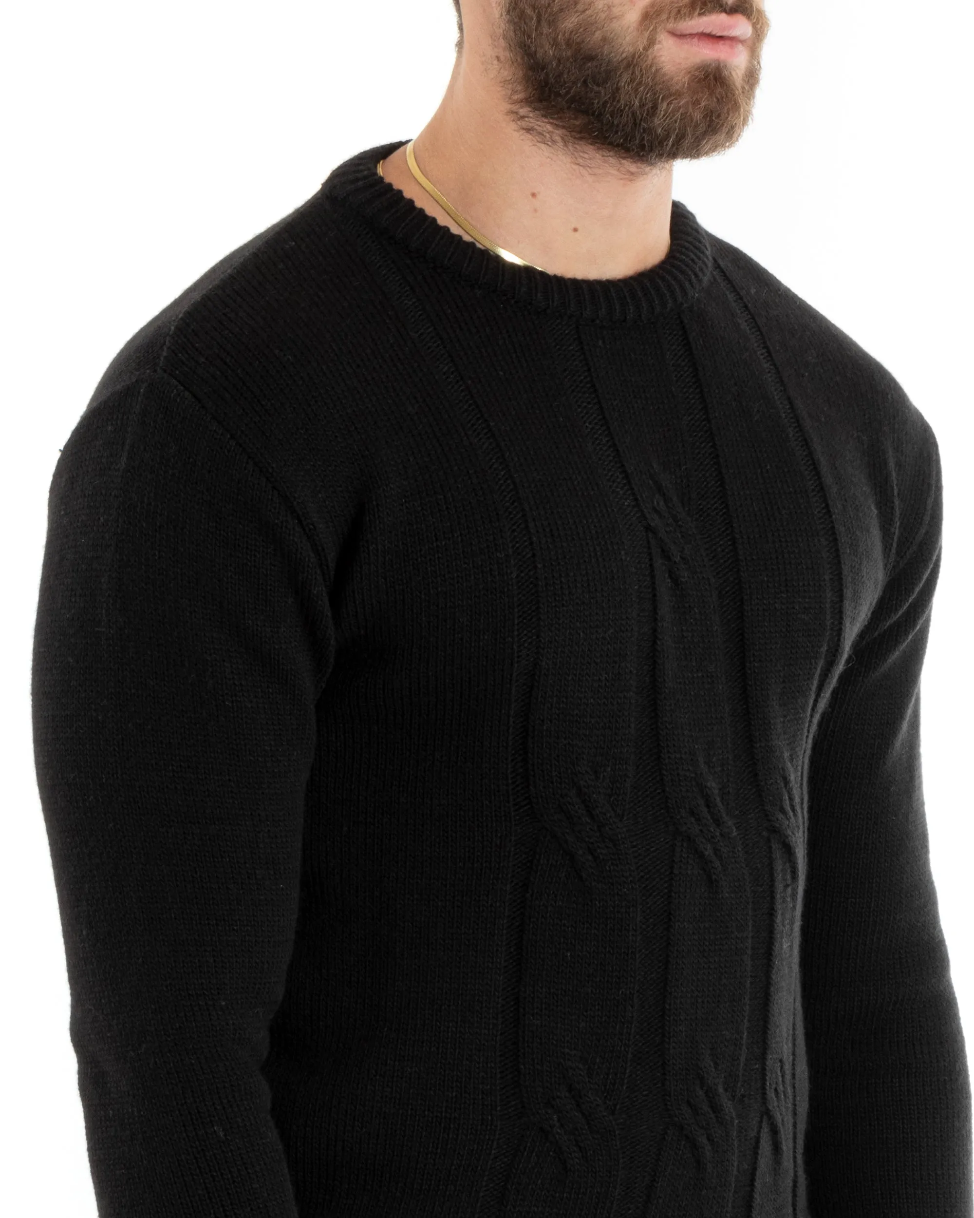 Maglioncino Uomo Girocollo Maglia Inglese Basic Trecce Nero GIOSAL-M2718A