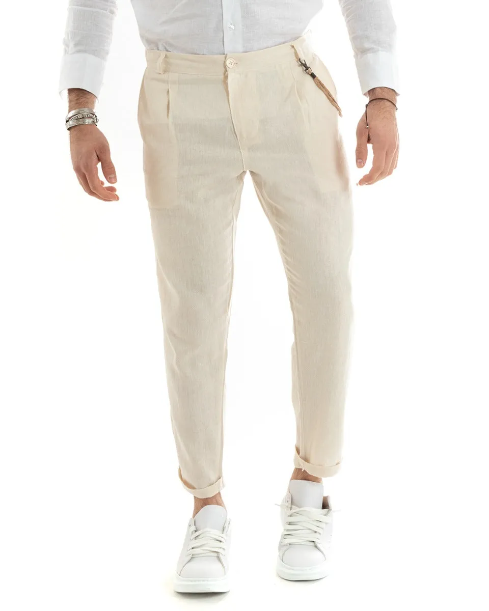 Pantaloni Uomo In Lino Tasca America Classico Sartoriale Comodo Casual Tinta Unita Beige GIOSAL-P5788A