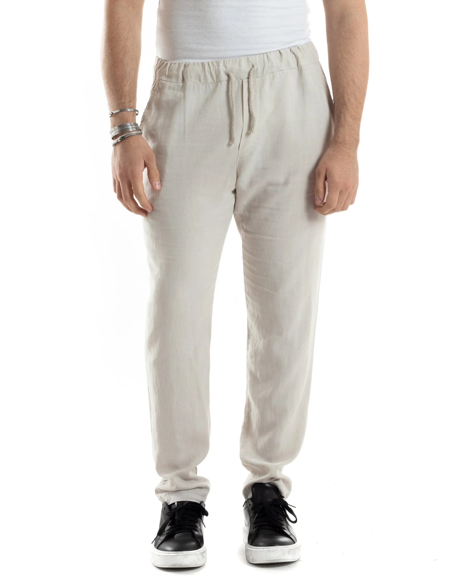 Pantaloni Uomo Lino Pantalaccio Lungo Elastico Regular Fit Tinta Unita Beige Casual GIOSAL-P6098A