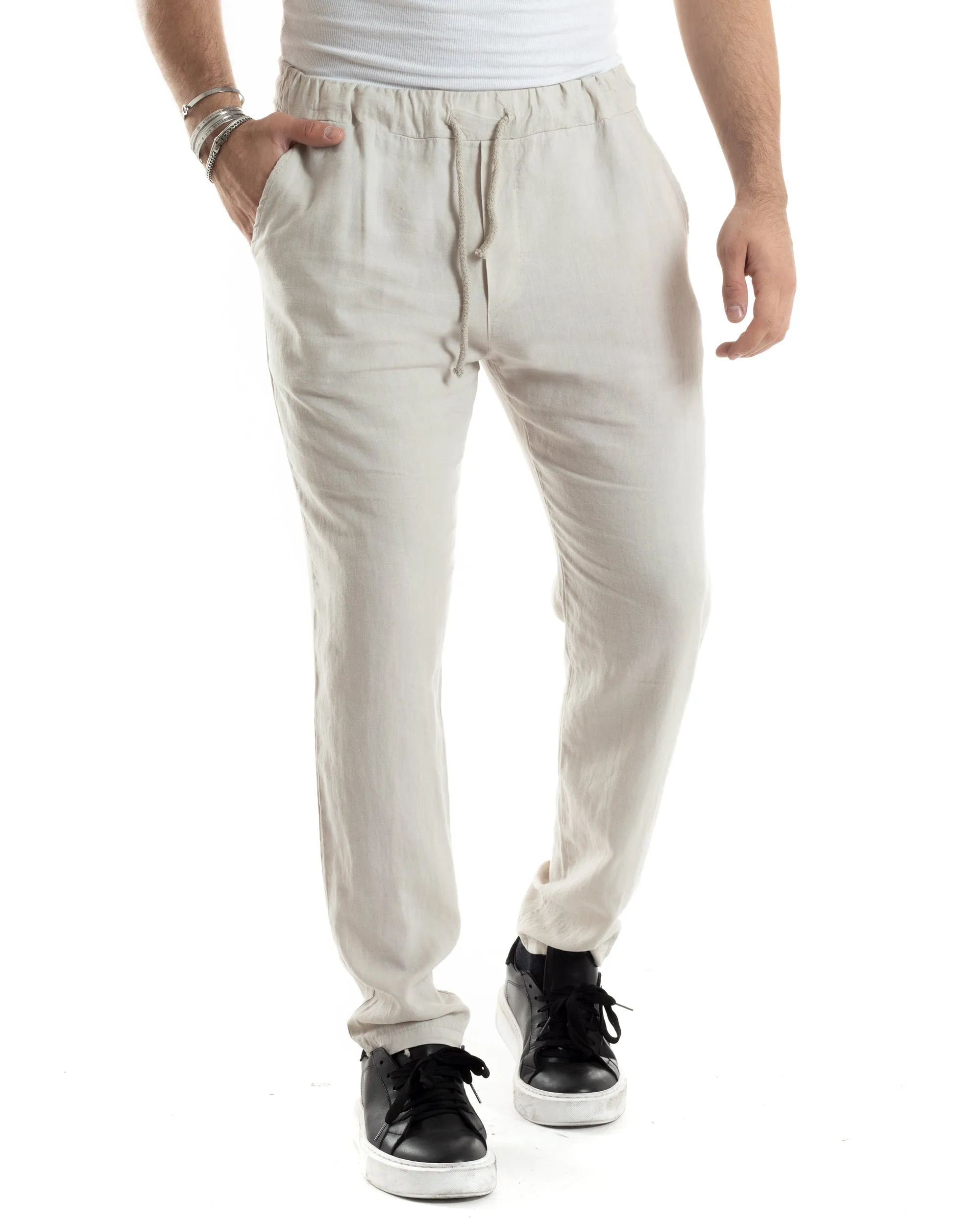 Pantaloni Uomo Lino Pantalaccio Lungo Elastico Regular Fit Tinta Unita Beige Casual GIOSAL-P6098A