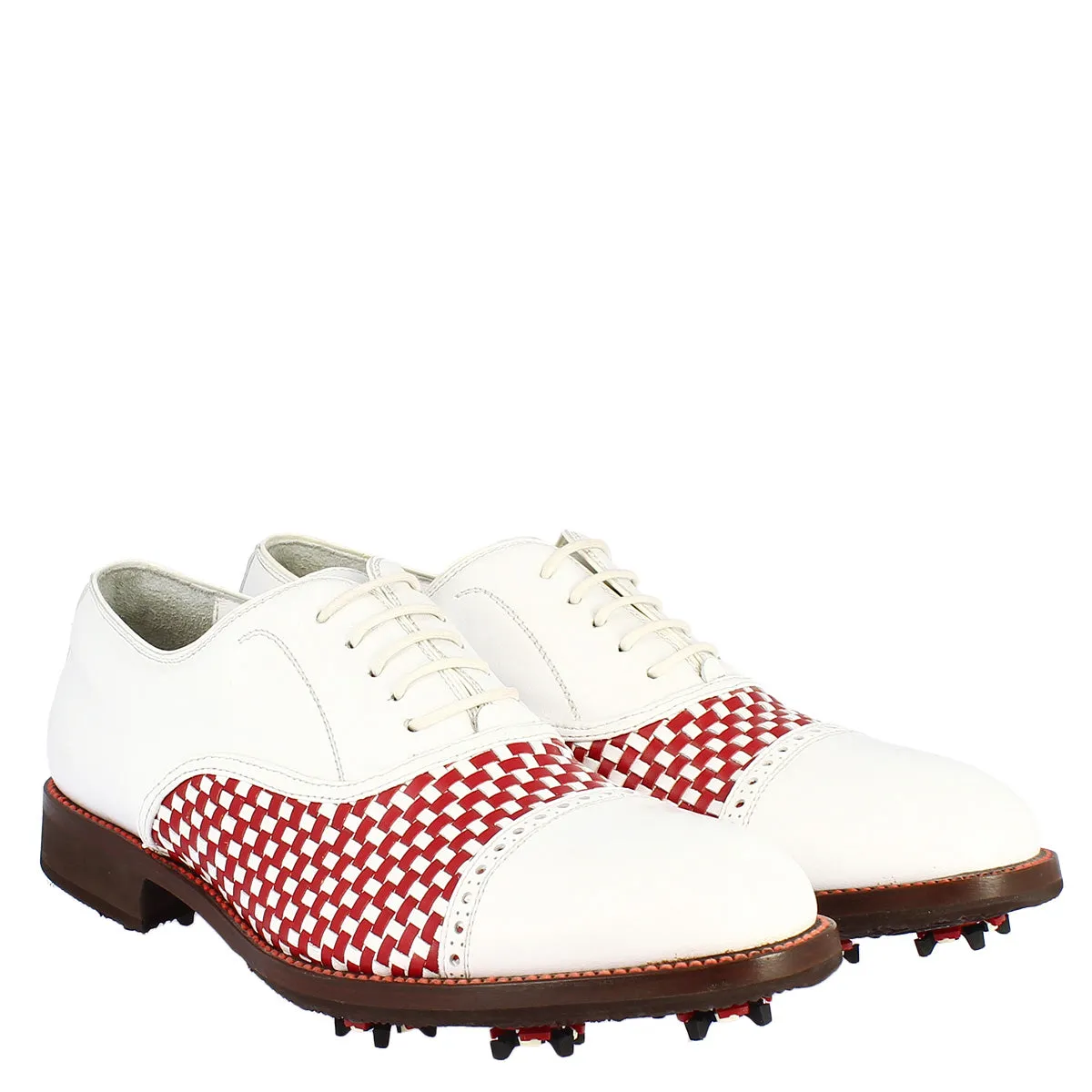 Scarpe classiche da golf uomo artigianali in pelle bianca rossa