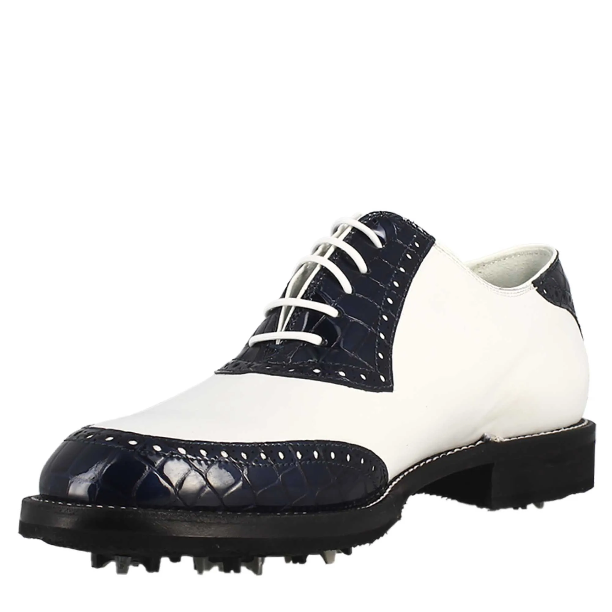 Scarpe golf da uomo artigianali in pelle bianco e cocco blu